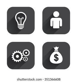 Business icons. Human silhouette and lamp bulb idea signs. Dollar money bag and gear symbols. Square flat buttons with long shadow.