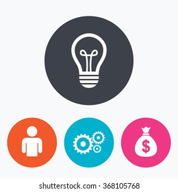 Business icons. Human silhouette and lamp bulb idea signs. Dollar money bag and gear symbols. Circle flat buttons with icon.