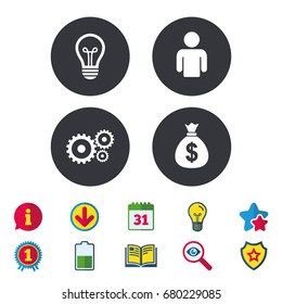 Business icons. Human silhouette and lamp bulb idea signs. Dollar money bag and gear symbols. Calendar, Information and Download signs. Stars, Award and Book icons. Light bulb, Shield and Search