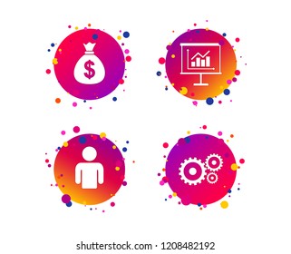 Business icons. Human silhouette and presentation board with charts signs. Dollar money bag and gear symbols. Gradient circle buttons with icons. Money dollar bag Vector