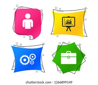 Business icons. Human silhouette and presentation board with charts signs. Case and gear symbols. Geometric colorful tags. Banners with flat icons. Trendy design. Vector