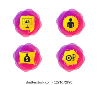 Business icons. Human silhouette and presentation board with charts signs. Dollar money bag and gear symbols. Geometric gradient sales shapes. Creative banners. Template for design. Vector