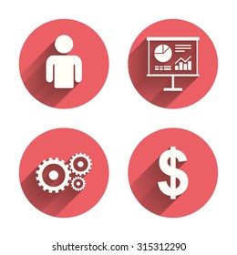 Business icons. Human silhouette and presentation board with charts signs. Dollar currency and gear symbols. Pink circles flat buttons with shadow. Vector