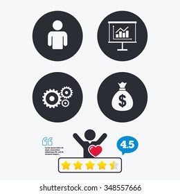 Business icons. Human silhouette and presentation board with charts signs. Dollar money bag and gear symbols. Star vote ranking. Client like and think bubble. Quotes with message.