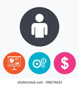 Business icons. Human silhouette and presentation board with charts signs. Dollar currency and gear symbols. Circle flat buttons with icon.