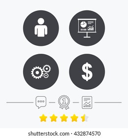 Business icons. Human silhouette and presentation board with charts signs. Dollar currency and gear symbols. Chat, award medal and report linear icons. Star vote ranking. Vector