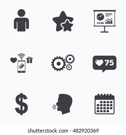 Business icons. Human silhouette and presentation board with charts signs. Dollar currency and gear symbols. Flat talking head, calendar icons. Stars, like counter icons. Vector