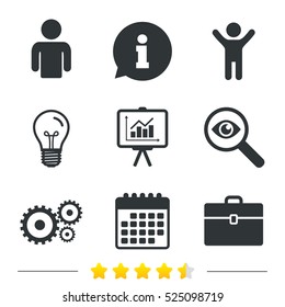 Business icons. Human silhouette and presentation board with charts signs. Case and gear symbols. Information, light bulb and calendar icons. Investigate magnifier. Vector