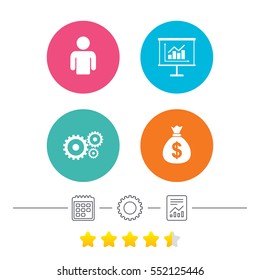 Business icons. Human silhouette and presentation board with charts signs. Dollar money bag and gear symbols. Calendar, cogwheel and report linear icons. Star vote ranking. Vector