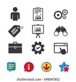 Business icons. Human silhouette and presentation board with charts signs. Case and gear symbols. Browser window, Report and Service signs. Binoculars, Information and Download icons. Stars and Chat