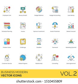 Business icons including employee cost, growth, budget balance, accounting, loan, assets protection, market forecast, challenge, marketing pyramid, customer service, global progress, relationship.