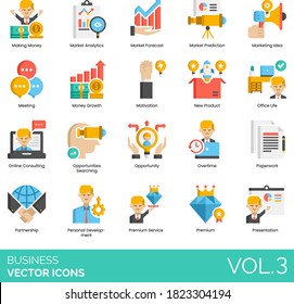 Business icons including making money, market analytics, forecast, prediction, marketing idea, meeting, growth, motivation, new product, office life, online consulting, opportunity searching, overtime