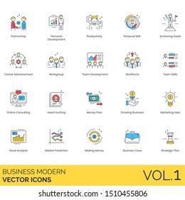 Business icons including partnership, productivity, achieving goals, career advancement, workgroup, team, workforce, online consulting, head hunting, flow, idea, stock analysis, prediction, case, plan