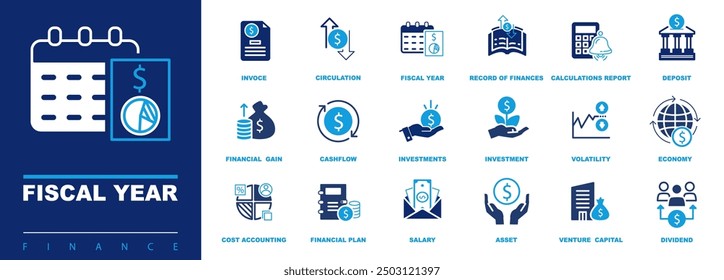 Business icons infographics. SEO, sign. Fiscal year. Set of investment icons, analysis. Economy, money, fund, dollar, investor, assets, risk management, financial profit, stocks. Vector illustration