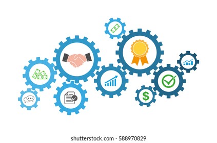 Business icons inside in gears. Vector Illustration. Concept of the process of work gears, in flat design. Concept of start and promote business.