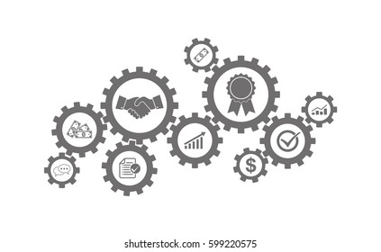 Business icons inside in gears. Vector Illustration. Concept of the process of work gears, in flat design. Concept of start and promote business.
