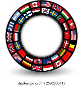 Business icons with international flags around, ring with flags buttons with copy space vector business concept symbols.
