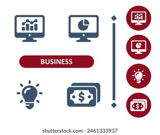 Business icons. Investment, investing, computer, stats, graph, analytics, idea, light bulb, money, dollar icon. Professional, 32x32 pixel perfect vector icon.