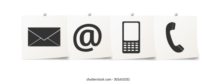 Business icons - letter, AT, phone, cellphone - vector contact icons on post-it
