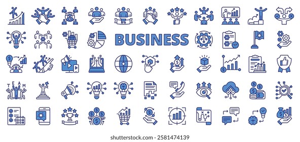 Business, icons in line design blue. Business, company, entrepreneurship, enterprise, startup, corporate, finance on white background vector. Business editable stroke icons