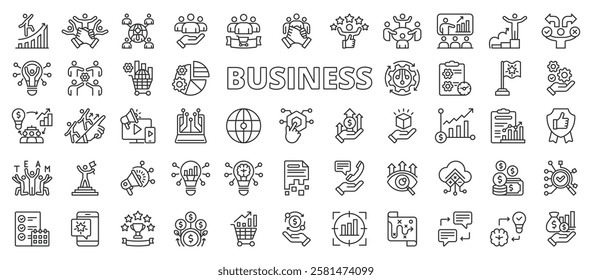 Business, icons in line design. Business, company, entrepreneurship, enterprise, startup, corporate, finance on white background vector. Business editable stroke icons