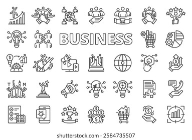 Business, icons in line design. Business, company, entrepreneurship, enterprise, startup, corporate, finance on white background vector. Business editable stroke icons