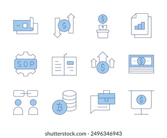 Business icons. Line Duotone style, editable stroke. job description, analysis, relationship, bitcoin symbol, profits, money, sop, open book, growth, data analytics, exchange.