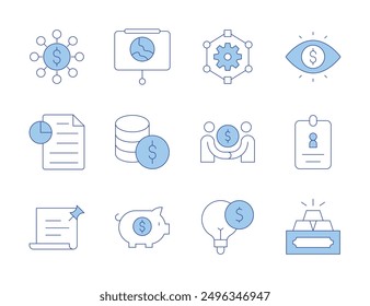 Business icons. Line Duotone style, editable stroke. gold ingots, notes, gear, marketing, eye, presentation, piggy bank, deal, money, id card, report, econometrics.