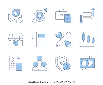 Business icons. Line Duotone style, editable stroke. goal, briefcase, prioritize, graph, accounting, pencil, my business, guarantee, report, networking, money.