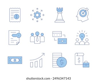 Business icons. Line Duotone style, editable stroke. report, target, money, growth graph, contract, creative team, leader, exchange, ticket, approach, tower.