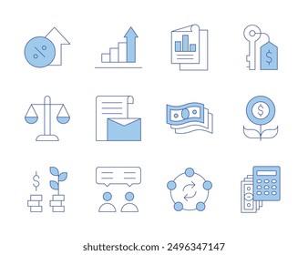 Business icons. Line Duotone style, editable stroke. profit, analysis, money, key, investment, rate, branding, bar graph, swap, calculator, consultant, balance.