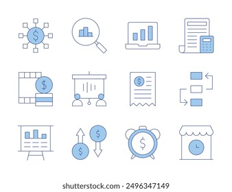 Business icons. Line Duotone style, editable stroke. presentation, shop, profits, time is money, strategy, accounting, film-budget, statistics, screen, bill, bar chart.