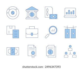 Business icons. Line Duotone style, editable stroke. cash, file, coordination, analytics, cryptocurrency, money, laptop, statistics, receipt, briefcase, bank.