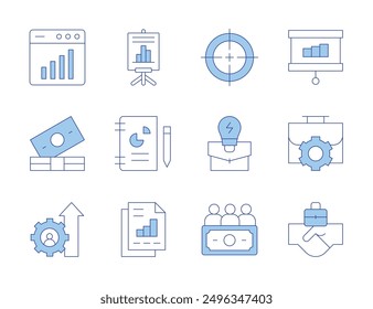 Business icons. Line Duotone style, editable stroke. business, funds, partnership, business report, business idea, money, work in progress, target, data analytics, statistics, training.