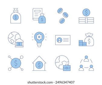 Business icons. Line Duotone style, editable stroke. business card, people, development, increase, economics, dollar, global services, home, business, coins, money bag, money.