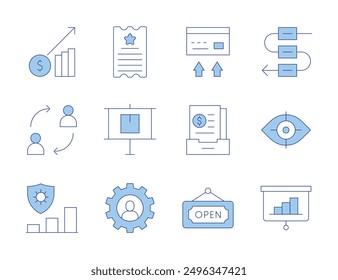 Business icons. Line Duotone style, editable stroke. business, open sign, risk management, presentation, ticket, archive, transfer, change, workflow, vision.