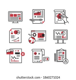 business icons and office documents, business teamwork, team building, workgroup and human resources minimal thin line web icon set. Collection of outline icons. Simple vector illustration