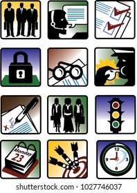 business icons for office workers including security, time, target, communication, checkpoints, time, management, whistleblower, studying, checklists,