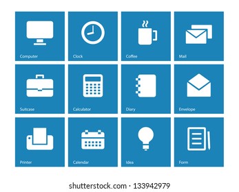 Business icons on blue background. Vector illustration.