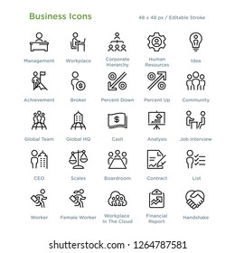 Business Icons - Outline styled icons, designed to 48 x 48 pixel grid. Editable stroke.