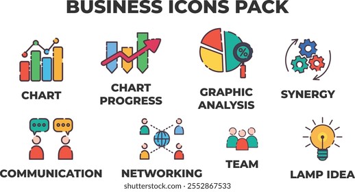 Business Icons Pack. Collection of flat line colorful business icons. Includes charts, progress, analysis, synergy, communication, networking, team, and idea symbols.