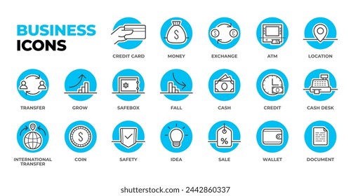 Business-Icons-Paket, Satz von Kreis-Vektor-Icons: Kreditkarte, Umtausch, Geldautomat, Bargeld, Geldbörse und Verkauf, Geldüberweisung und Kasse. Lineart minimales Design.