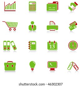 Business icons with reflection, green-red series