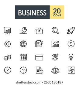 Business icons represent financial growth, management, and planning. Set against a clean white background.