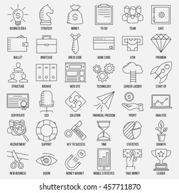 Business icons. Safe, wallet, archive, career ladder, key to success, money magnet and other things. Line art vector illustration.