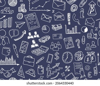 Business icons seamless pattern. Background with hand drawn office doodle elements on blue background. Success, idea, planning symbols. Vector illustration