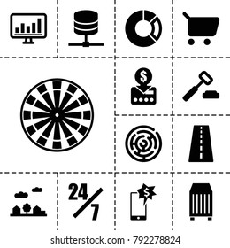 Business icons. set of 13 editable filled business icons such as runway, shopping cart, put money on card, 24 hours support, auction hummer, labyrinth, cargo container