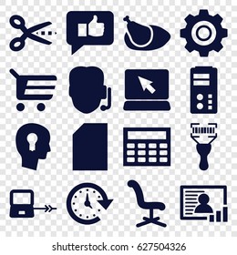 Business icons set. set of 16 business filled icons such as laptop connection, office chair, bar code scanner, chicken, photo, gear, time, keyhole in head, calclator, thumb up