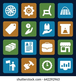 Business icons set. set of 16 business filled icons such as plane, tag, resume, hummer, outdoor chair, cargo protection, shop, gear, sundial, move on map, man with flag, money