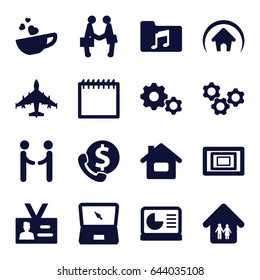 Business icons set. set of 16 business filled icons such as cup with heart, music folder, badge, laptop, businessman shaking hands, photo, family home, chart on display